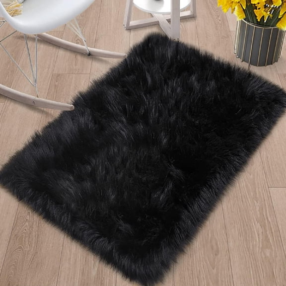 Soft Fluffy Rug 16" x 24" Black Shaggy Faux Sheepskin Non Slip Backing Small Rugs Chair Cushion