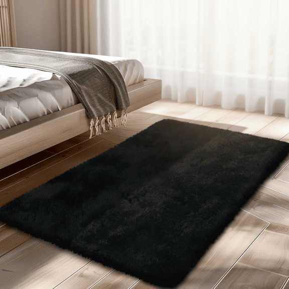 Soft Fluffy Shaggy Area Rug, 2x4 Feet Black Bedroom Rug, Plush Throw Rug for Living Room, Bedside, Entryway, Kids Room, and Home Decor
