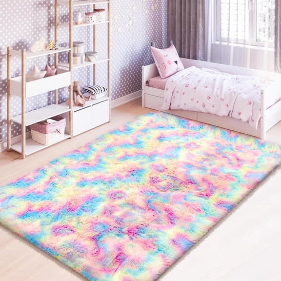 Soft Fluffy Shaggy Area Rug, 5'x7' Tie-Dyed Rainbow Color Anti-Slip Plush Fuzzy Carpet for Living Room Bedroom Nursery Home Decor