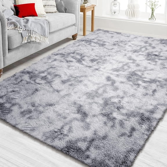 Soft Fluffy Shaggy Area Rug, 6'x9' Tie-Dyed Light Grey Anti-Slip Plush Fuzzy Carpet for Living Room Bedroom Nursery Home Decor