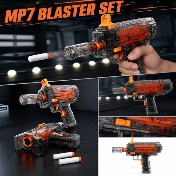 Soft Foam Blaster Kit, Safe Toys for Student Active Play, Rechargeable Toys Blaster with Charging Line, Precise Precision Shooting Toys, 10X7X2 Inch Transparent Mp7 Playset with