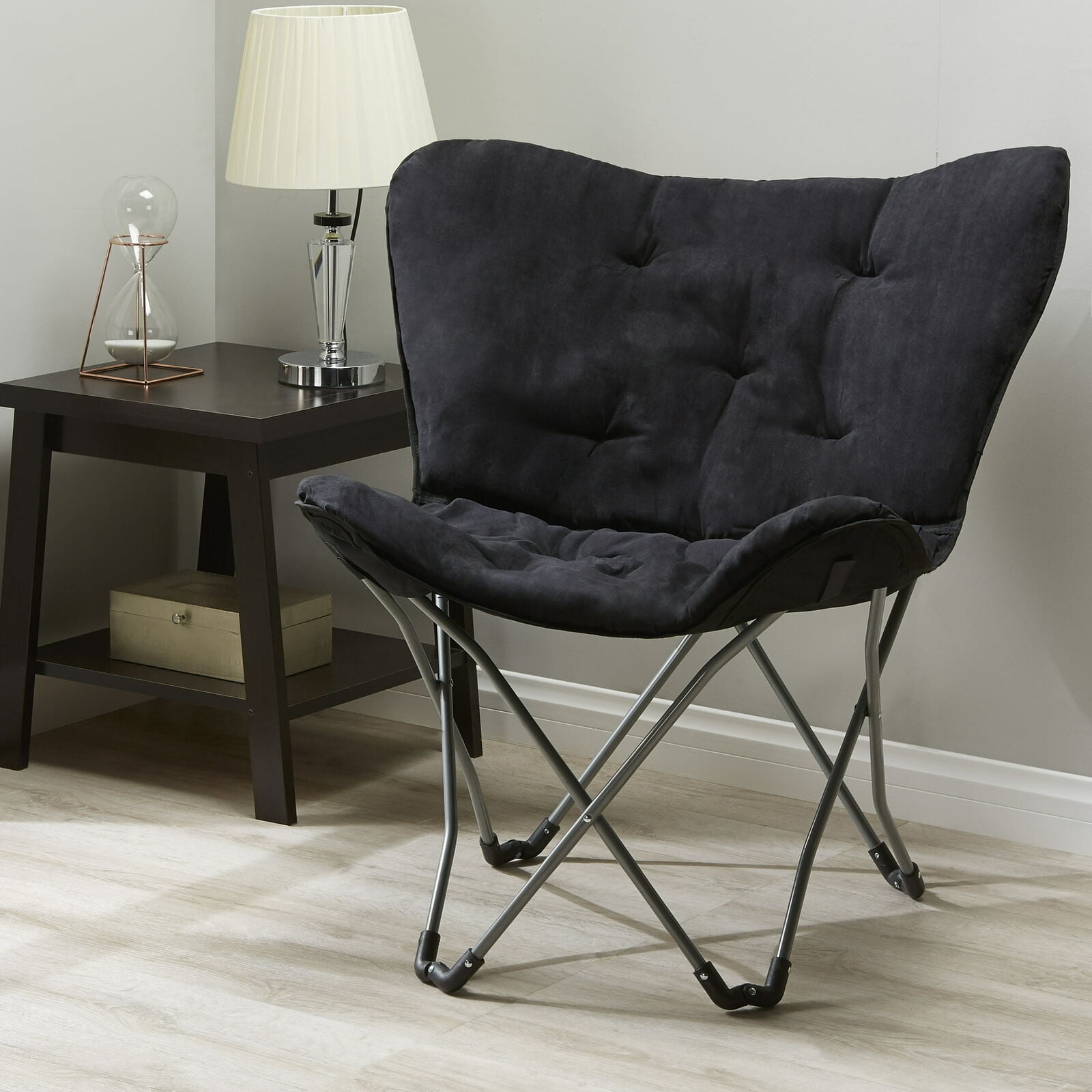 Black Microfiber Butterfly Folding Accent Chair with Metal Frame