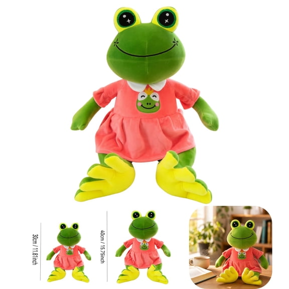 Soft Frog Stuffed Animal Plush Pillow, Cartoon Smiling Frog Plush Toy with Overalls, Huggable Stuffed Frog for Home Decor Stress Relief(Princess Frog,11.8in)
