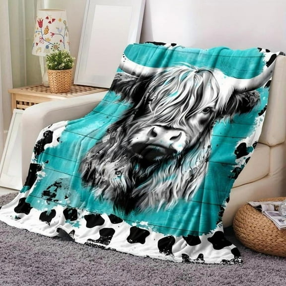 Soft Funny Highland Cow Flannel Fleece Blanket Cozy Chunky Knit For Bed Sofa Office All Seasons Farmhouse Style Easy Care Washable