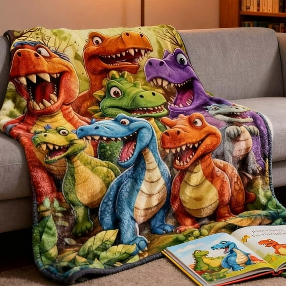 Soft Funny Throw Blanket Cute Smiling Dinosaurs HD Digital Print Flannel, Contemporary Animal Theme All-Season Cozy Knitted Thermo-Regulating Cover, Cozy Lightweight for Home Travel