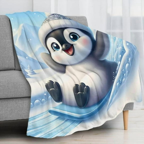 Soft Funny Throw Blanket POPULAR GIFT-Little Penguin Sitting Skiing Pattern Flannel Blanket,Warm,for Travel,Camping,Living Room,Office,Sofa,Chair And Bed,All Year Round!