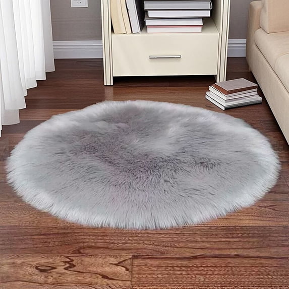 Soft Fur Area Rug Round Diameter 2.2ft Shaggy Rugs Gray Plush Circle Floor Mat for Bedroom Living Room Fluffy Mats Nursery