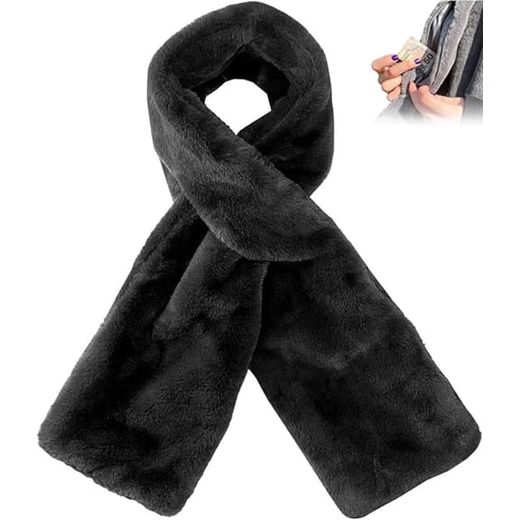 Soft Fur Scarf with Hidden Zipper Pocket, Soft Cozy Warm Pocket Scarf for Hands-Free Storage Phone, Valuables (Black)