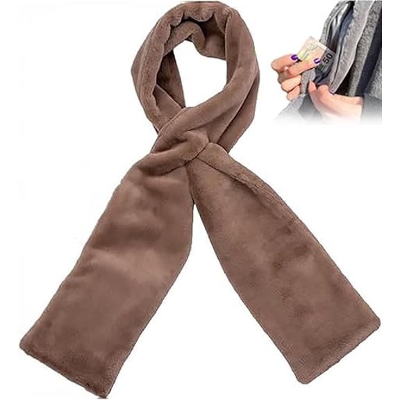 Soft Fur Scarf with Hidden Zipper Pocket, Soft Cozy Warm Pocket Scarf for Hands-Free Storage Phone, Valuables (Brown)