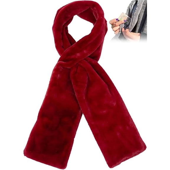 Soft Fur Scarf with Hidden Zipper Pocket, Soft Cozy Warm Pocket Scarf for Hands-Free Storage Phone, Valuables (Red)