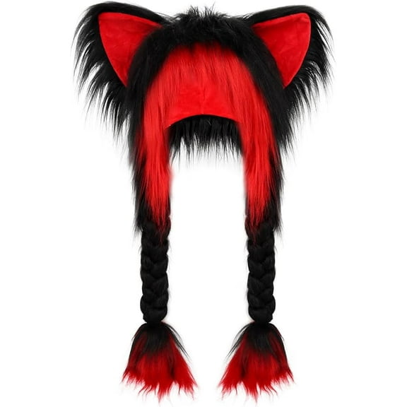 Soft Furry Animal Ear Hat with Braids, Furry Head Mask,Cute Animal Horns Ears Winter Hat, Cosplay Accessories, Great for Cosplay and Themed Parties(Q)