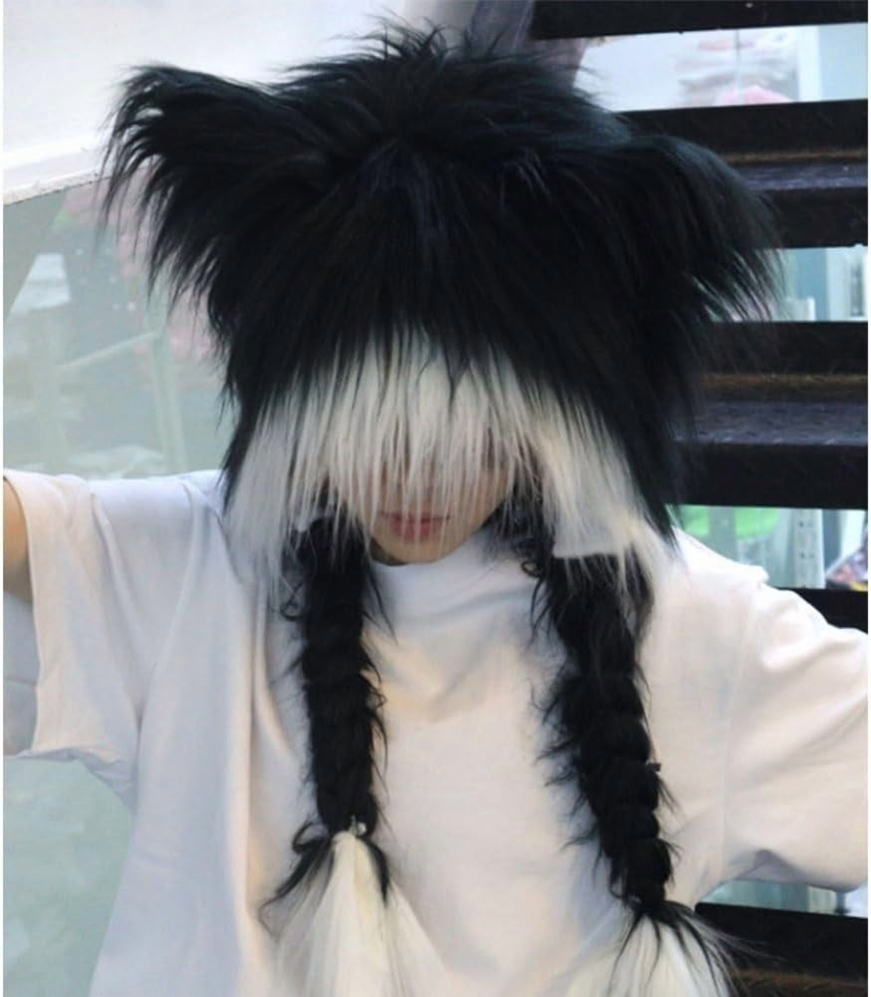 Soft Furry Animal Ear Hat with Braids,Furry Head Mask,Cute Animal Horns Ears Winter Hat,Hooded Red Black Fur Winter Warm Earmuffs Cat Shiesty,Cosplay Accessories,Great for Cosplay and (1,pcs,L)