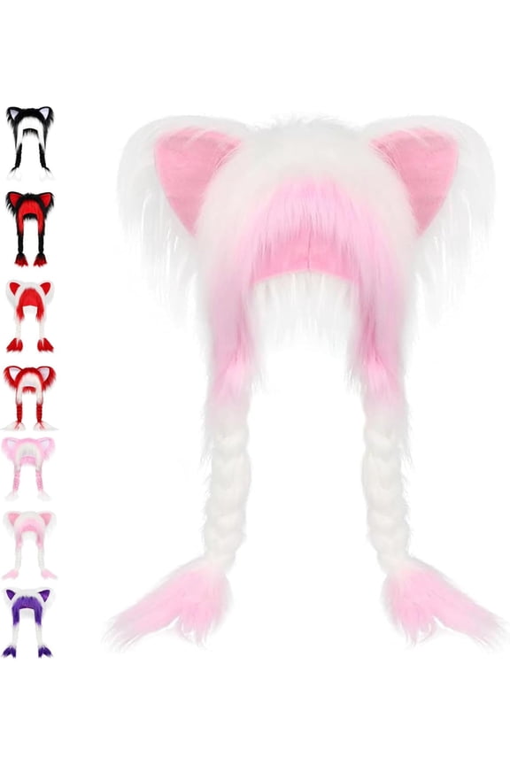 Soft Furry Animal Ear Hat With Braids, Cat Ear Hat with Braids, Soft and Cute Plush Cat Hat for Winter Warmth & Cosplay