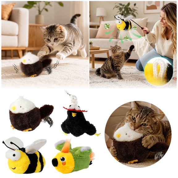 Soft Furry Vibrating Cat Interactive Toy Bird Bee Shapes Indoor Home Pet Entertainment Accessory