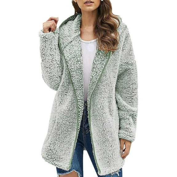 Soft Fuzzy Fleece Jacket for Women Open Front Oversized Cardigan Winter Hooded Coat Outwear with Pockets New Lightweight Jacket Women Casual Green XL
