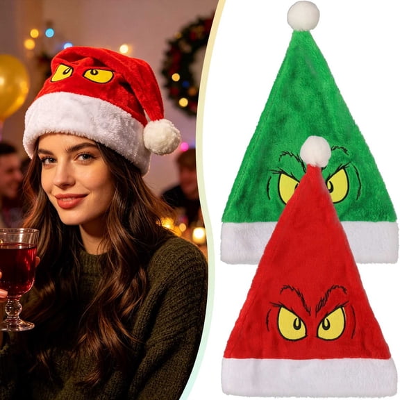 Soft Fuzzy Merry Monster Plush Christmas Hat with Cute Yellow Eyes and White Pom Pom for Winter Holiday Party Favors and Themed Decoration in Green 1 Pack