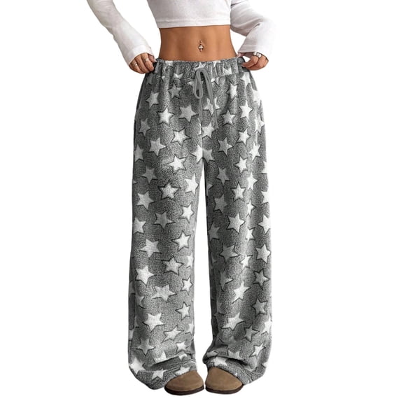 Soft Fuzzy Pajama Bottoms for Women, High-Waisted Wide Leg Lounge Pants with Drawstring