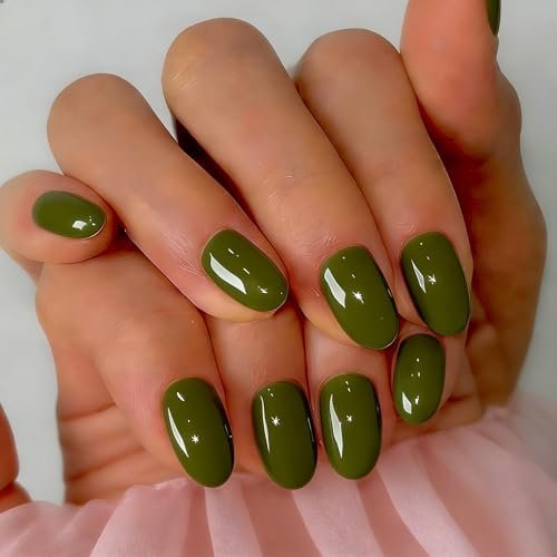 Soft Gel Press Nails Short, 32 count 16 Sizes Sheer Moss Green Short Nails Press ons Oval, Glue Nails with Glue, Almond Stick for Women Everyday Elegance