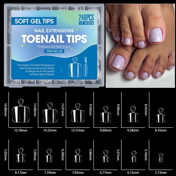 Soft Gel Toe Nail Tips 240 Pcs 12 Sizes Seamless Full Coverage Toe Extension Tips, No Filing Needed False Toenail Tips for Salon - Blue