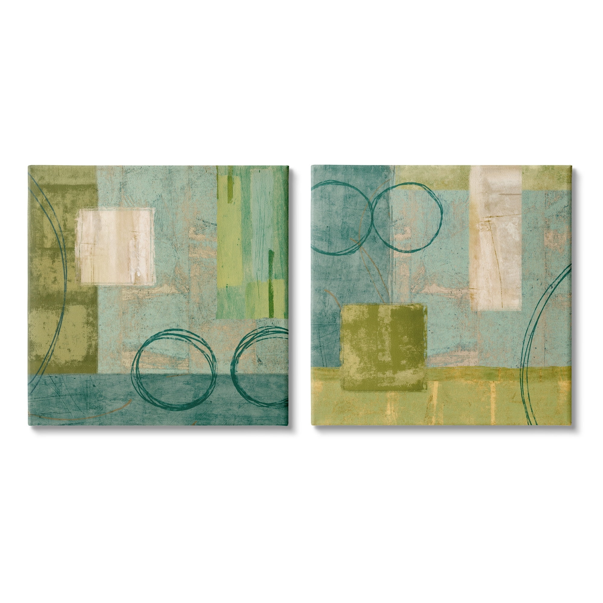 Soft Geometric Shape Abstraction Green Blue Abstract Gallery-Wrapped Canvas Print Wall Art, Set of 2, 17x17