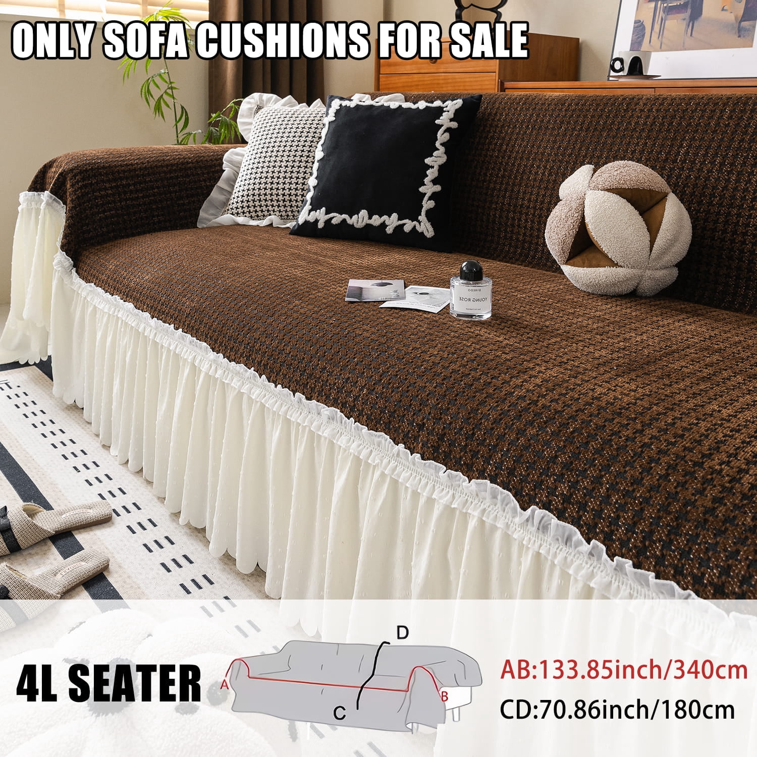 Soft Gingham Couch Cover, Fits 1–4 Cushion Couch. Couch Blankets with Skirt Edge, Machine Washable Furniture Protector