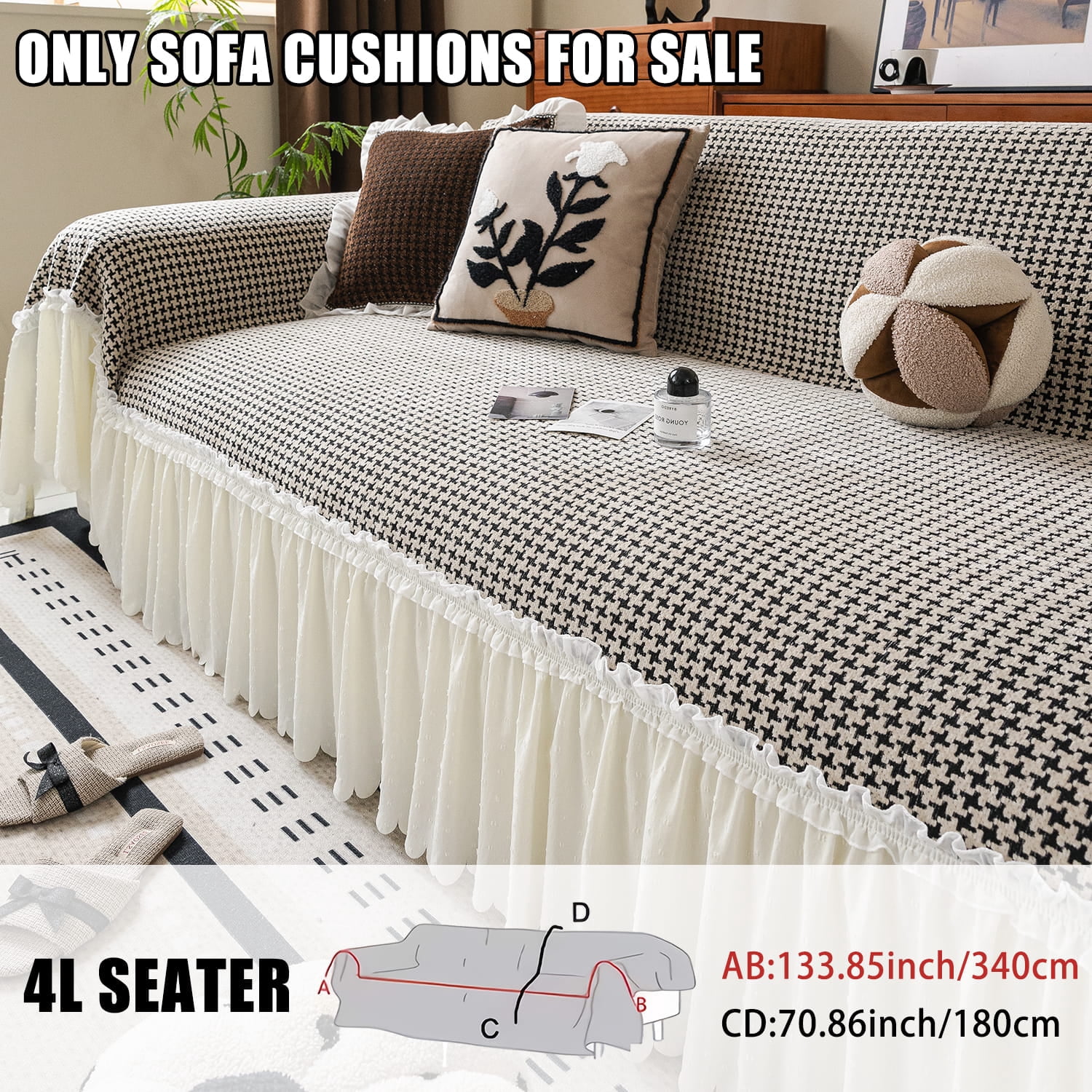 Soft Gingham Couch Cover, Fits 1–4 Cushion Couch. Couch Blankets with Skirt Edge, Machine Washable Furniture Protector