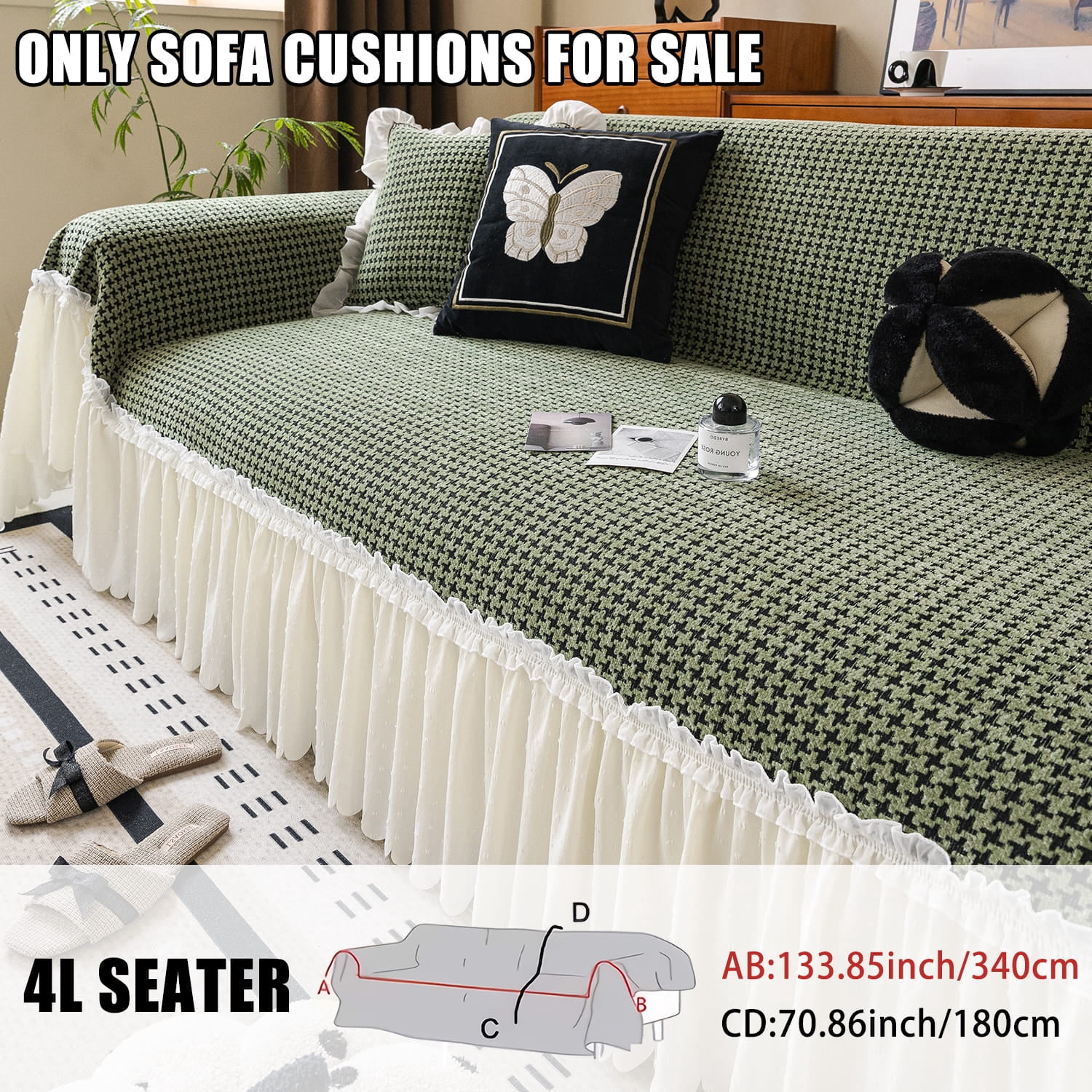 Soft Gingham Couch Cover, Fits 1–4 Cushion Couch. Couch Blankets with Skirt Edge, Machine Washable Furniture Protector