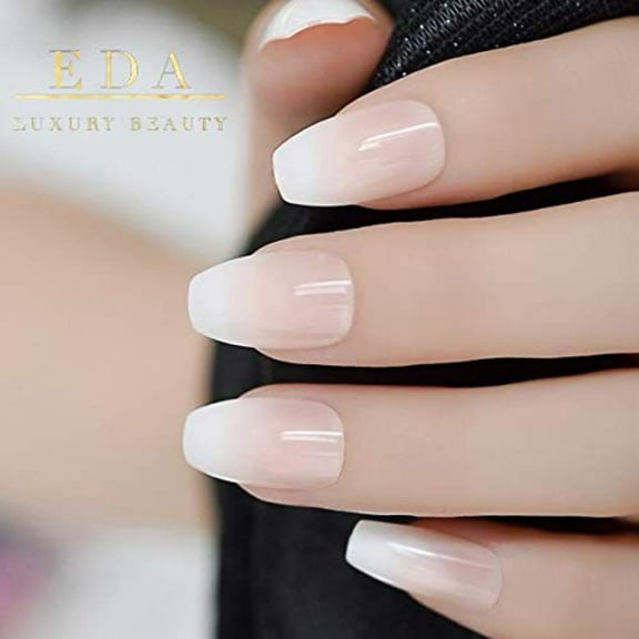 Soft Glow, Natural Nude Ombre White French Press On Nails, Long Coffin Acrylic Tips False Nails Set