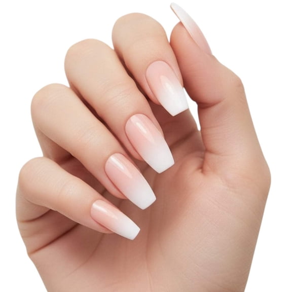 Soft Glow, Natural Nude Ombre White French Press On Nails, Long Coffin Acrylic Tips False Nails Set