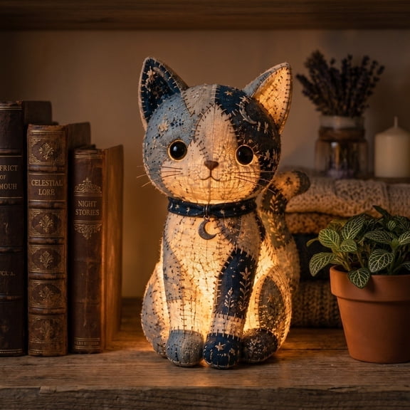 Soft Glow Patchwork Kitten LED Lamp Halloween Farmhouse Home Decor Hand Sewn Plush Cat Night Light Safe Ambient Light Desk Ornament Gift