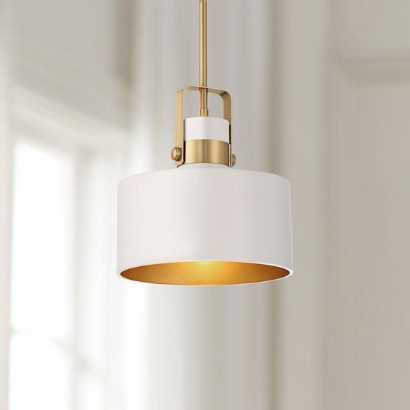 Soft Gold Mini Pendant Lighting 10" Wide Modern Matte White Drum Shade Fixture for Dining Room Home Foyer Kitchen Entryway Bedroom