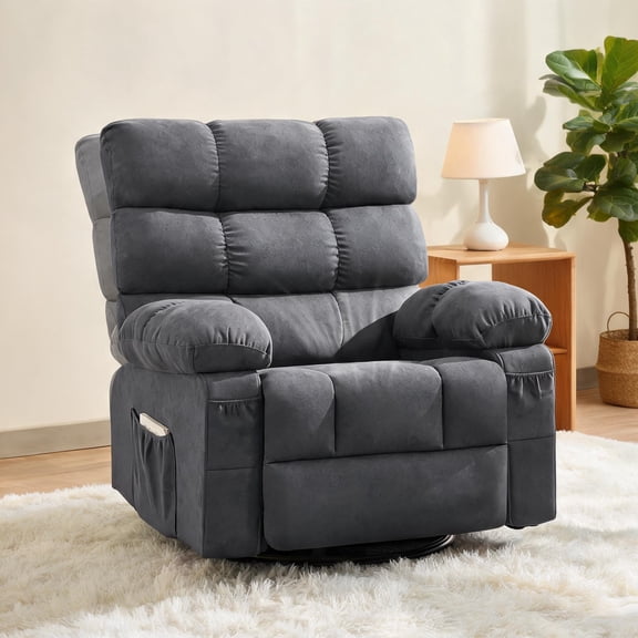 Soft Gray Fabric Swivel Rocker Recliner  Space-Saving Manual Glider with Side Pockets, Ideal for Reading Nooks and RVs