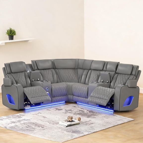 Soft Gray Faux Leather Power Recliner Sectional with Massage, Bluetooth Speakers LED Lighting for Home Theater