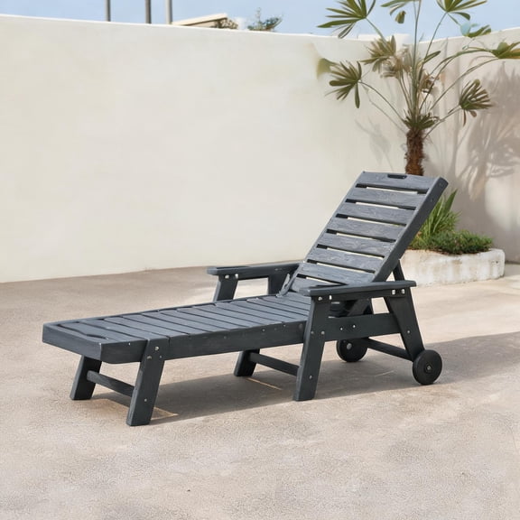 Soft Gray HDPE Oversized Chaise Lounge Chair with Wood Texture, 5-Position Recline, Wheels Cup Holder, Poolside Deck Patio