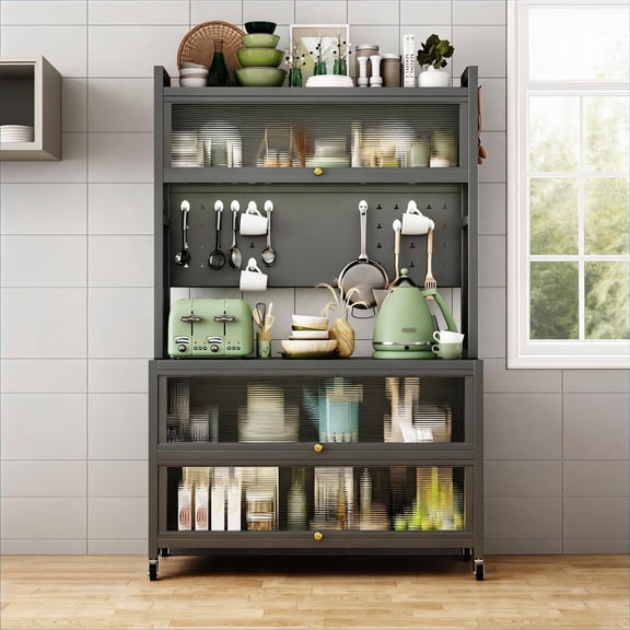 Soft Gray Steel Bakers Rack with Flip-Door Cabinet, 5-Tier Coffee Bar Microwave Stand, Modern Style