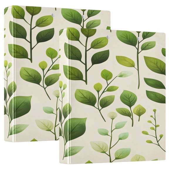 Soft Green Leaves 12.4x10.6in PVC Round Ring Binder, D-Ring 3-Hole, Metal Clip, 200 Sheets