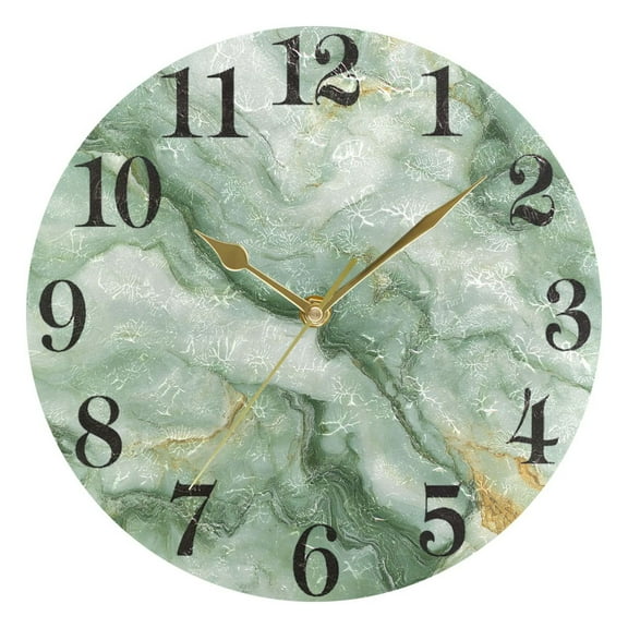 Soft Green Marble Round Wall Clock Battery Operated Silent Non-Ticking Bedroom Office Kitchen Home School Decor 10"(Gold)