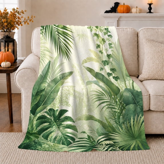 Soft Green Tropical Palm Leaves and Misty Botanical Foliage, Botanical Rainforest Art for Plant Lovers, Birthday Gift, Cozy Flannel Blanket for Bedroom, Fresh Home Decor