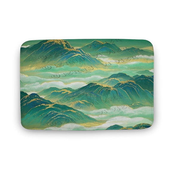 Soft Green and Gold Decor Mountain Bathroom Mat - Non-Slip, 16" x 24"