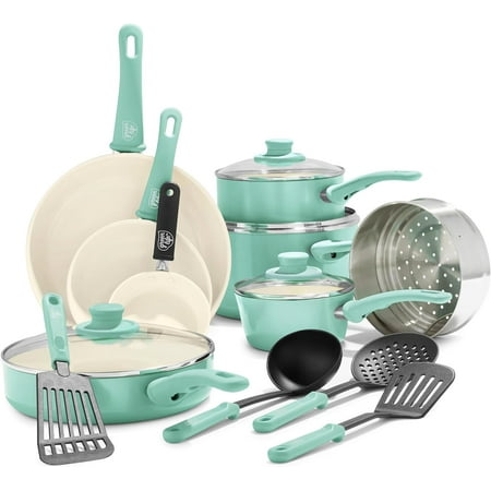 Soft Grip 16-Piece Cookware Set, Non-Toxic Ceramic Nonstick Pots & Pans, Oven Safe, Dishwasher Safe, Turquoise