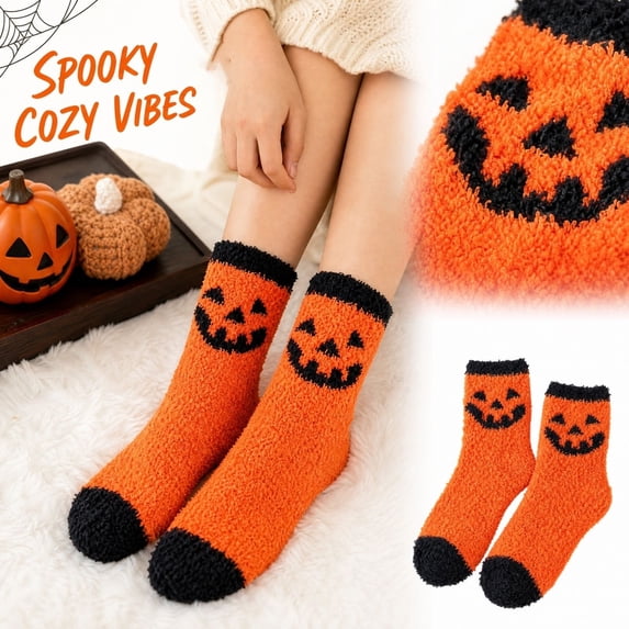 Soft Halloween Crew Socks for Women, Thick Warm Winter Novelty Sock, Boo Basket Stuffers, Cute Funny Cozy Fall Holiday Casual Socks
