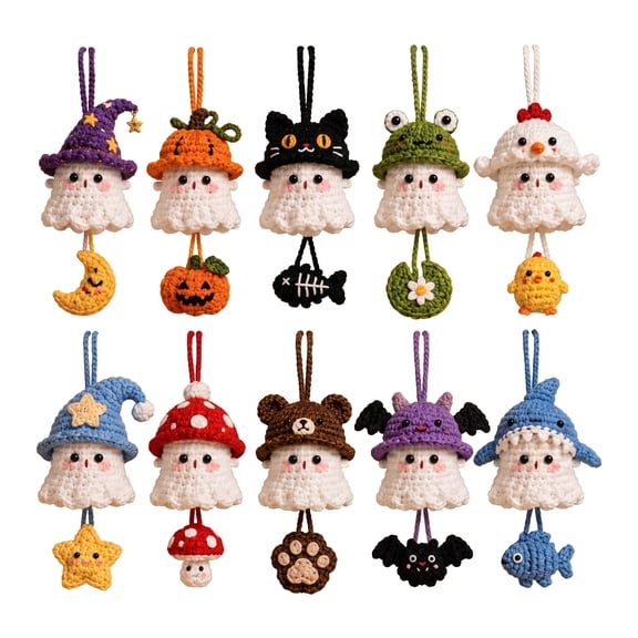 Soft Hand Crocheted Ghost Car Hanging Ornament, Halloween Pumpkin Ghost Crochet Car Charm Pumpkin Hat Ghost Rear View Mirror Decor