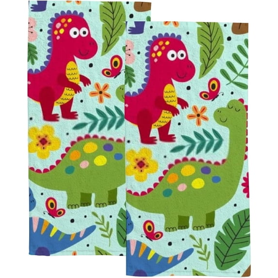 Soft Hand Fingertip Towels, 2 Pcs Face Bath Towels Cute Dinosaurs Leaves Absorbent Washcloths for Bathroom Hotel Kitchen, 30"x15"