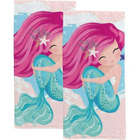 Soft Hand Fingertip Towels 2 Pcs Face Bath Towels Mermaid with Little Fish Absorbent Washcloths for Bathroom Hotel Kitchen 30x15in