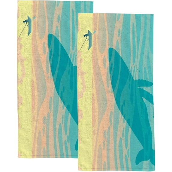Soft Hand Fingertip Towels, 2 Pcs Face Bath Towels Whale and Fisherman Absorbent Washcloths for Bathroom Hotel Kitchen, 30"x15", Absorbent Soft Hand Fingertip Towels