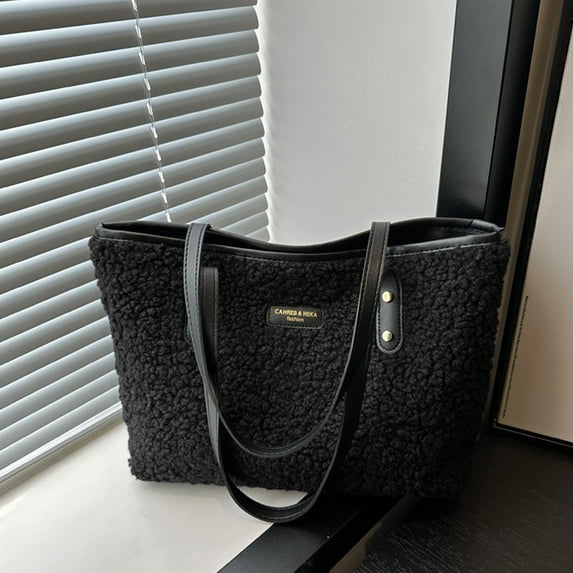 Soft Handbag Large Capacity Fall Winter Shoulder Bag Women Lamb Wool Tote Bag Zipper Closure Casual Shopping Traveling Tote (black)