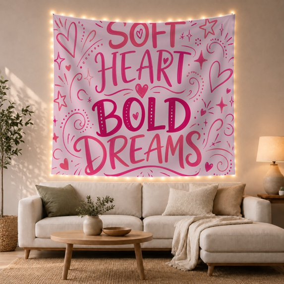 Soft Heart Bold Dreams Among Pink Stars and Swirls, Playful Illustration for Positive Quote Fans, Affirmation Art, Graduation Gift, Tapestry Wall Hanging for Bedroom and Dorm