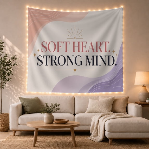 Soft Heart Strong Mind Text with Gold Stars, Inspirational Minimalist Style for Motivation Fans, Positive Wall Art, Graduation Gift, Tapestry Wall Hanging for Office and Dorm