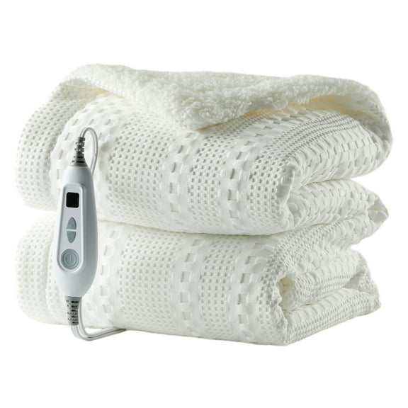 Soft Heated Throw Blanket - Electric Waffle Weave Sherpa, 6 Heat Levels & 4H Auto-Off, Machine Washable, Cozy Fleece for Couch, Bed, Sofa, Office, White 50x60 Inches