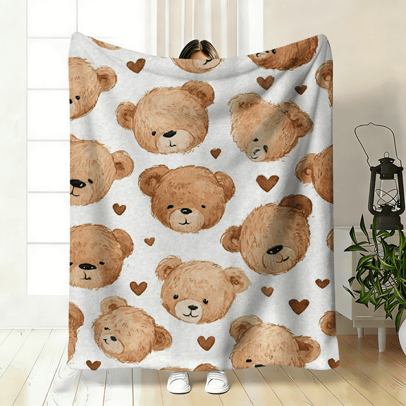 Soft High-Definition Digital Print Bear Face Pattern Flannel Blanket, White Base with Brown Bears and Hearts Flannel Blanket All-Season Family and Friends Gift.